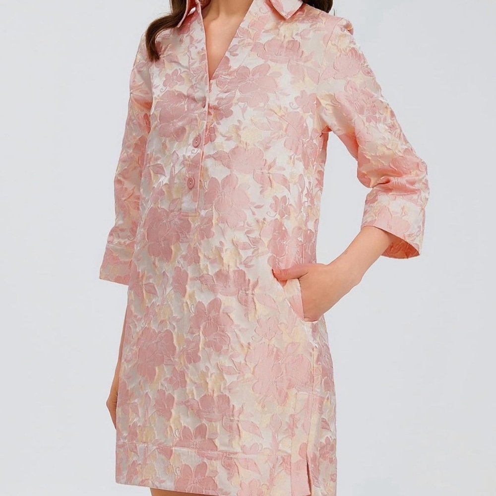 Elegant jacquard Floral Pink Long Sleeve Dress NWT - Picture 2 of 5